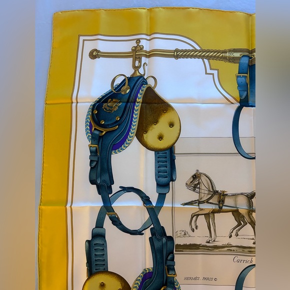 Vintage Hermes Silk Scarf Carrick a Pompe Lord & Taylor Yellow 90cm - Picture 2 of 9